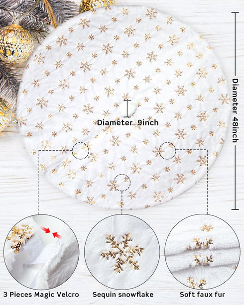 COOLWUFAN 48 Inches Christmas Tree Skirt for Holiday Party Decoration, White Plush Gold Sequin Snowflake