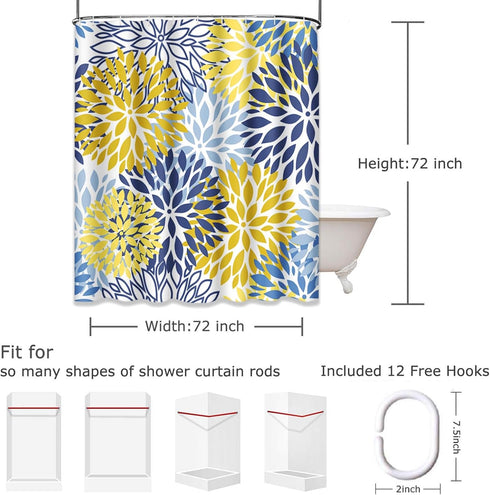 Shower Curtain - Green Spring Flower Design, Waterproof Polyester Fabric, 72 x 72 Inches with Hooks