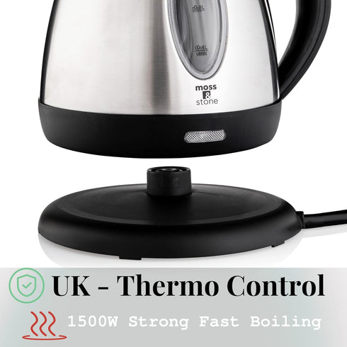 Moss & Stone 1.2L Stainless Steel Electric Kettle, Cordless 1500w Fast Boiling Pot with Auto Shut-Off