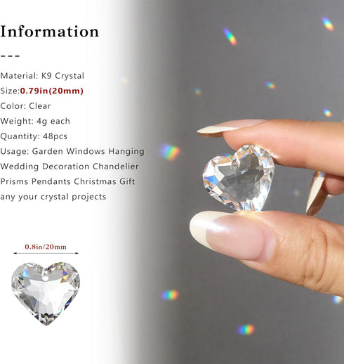 48pcs 20mm HDCRYSTALGIFTS Clear Crystal Heart Prism Sun Catchers, Heart Prisms Rainbow Maker Chandelier Crystals