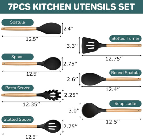 TeamFar Cooking Utensils Set of 7, Silicone Kitchen Utensils Set with Wooden Handles, Heatproof Kitchen Tools for Cooking Turning Serving, Non-toxic, Non Scratch for Non-stick Cookware – Black by TeamFar