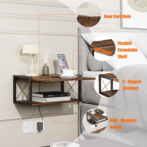 2-Tier Floating Nightstand, Wall Mounted Bedside Table, Wood Bedside Shelf Wall Mounted Nightstand, Floating Bedside