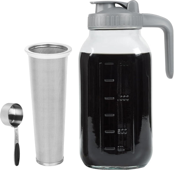 Cold Brew Coffee Maker Pitcher, 64 OZ Heavy Duty Glass Mason Jar, Stainless Steel Infuser Filter