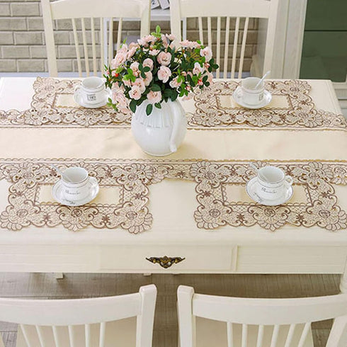15" 69" X Vintage Flower Embroidered Table Runner, Classic Polyester Lace Cream Floral Dresser Scarves Party Dining