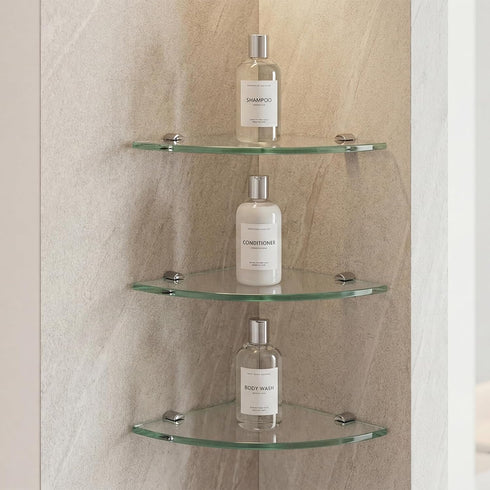3 Pack Kingrol Glass Bathroom Shower Shelves, Extra Thick Wall Mounted Shelves, Clear Floating Corner Shelves
