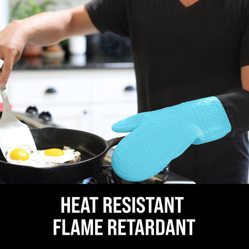 Extra Long Professional Silicone Oven Mitt, Heat Resistant Pot Holders, Flexible Gloves, Aqua, 1 Pair