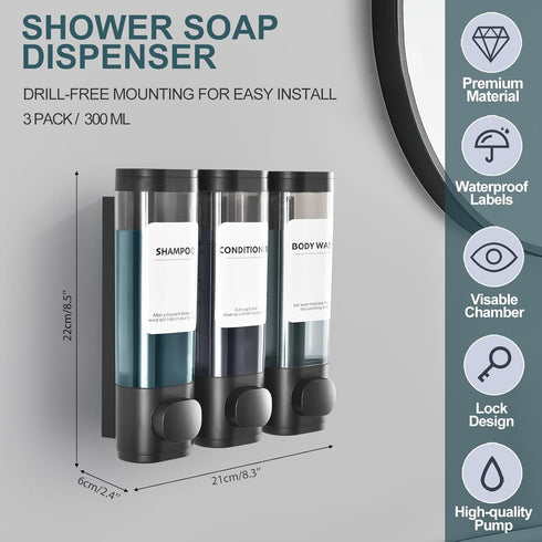 ViserVita 3 Pack 3 Set Shampoo and Conditioner Dispenser, Shower Soap Dispenser Chamber No Drill Wall-Mounted, Body