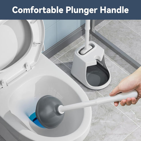 Newest Toilet Plunger and Brush Set, Heavy Duty Silicone Brush and Ventilated Holder, 2-in-1 Combo for Bathroom