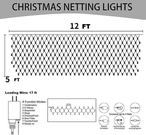 360 12FT 5 8 Dazzle Bright Christmas Net Lights, LED x FT Transparent Wire Waterproof Connectable String Lights