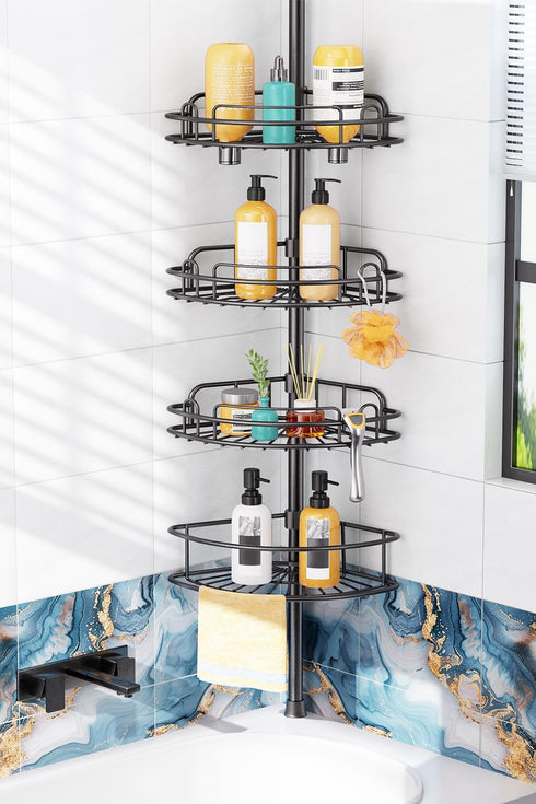 HAMITOR Shower Caddy Tension Pole: 4-Tier Rustproof Bathroom Corner Shelf Organizer for