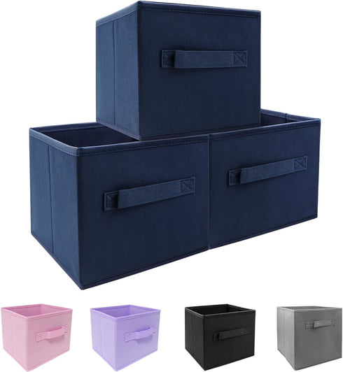 Small Storage Bins - Collapsible Fabric Organizer 3 Pack, 9.0"x7.5"x7.5" for Closet and Kids Toys, Blue
