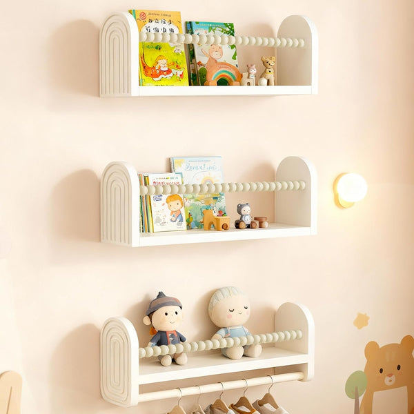 OurWarm Nursery Book Shelves for Wall Set of 3, White Natural Wood