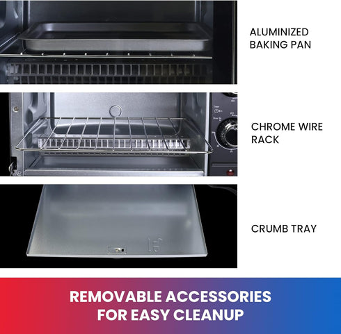 Total Chef 4 Slice Toaster Oven, Compact Kitchen Appliance for Pizza, Bake, Toast, Broil, Black and Stainless Steel