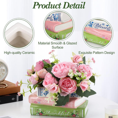 Honeydak Book Shaped Decorative Planter Small Ceramic Flowerpot Home Decor Cute Flower Vase for Book Lovers Bookshelf