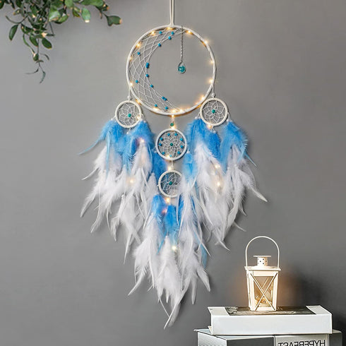 KHOYIME LED Light Up Dream Catcher Half Circle Moon Decor with Lights, Handmade Feather Dreamcatchers for Bedroom (Blue)