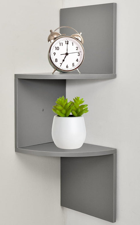 2-Tier Set Greenco Corner Shelves, Gray Finish | Floating Wall-Mounted Home Decor | Corner Wall Shelf | Living Room