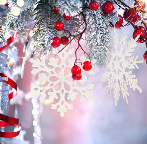 6pcs Large White Snowflakes Ornaments, 12 Big Plastic Glitter Snowflake for Winter Indoor Outdoor Christmas Decorations