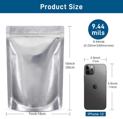 50 Packs Window,1 QUART(9.44 7"x 10") 400CC Mylar Bags for Food Storage with Clear Mil, Reusable Mylar Bags with Oxygen