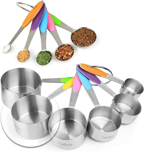 New Version! 11 Piece Measuring Cups and Spoons Set by Laxinis World - Stainless Steel with Silicone Handles