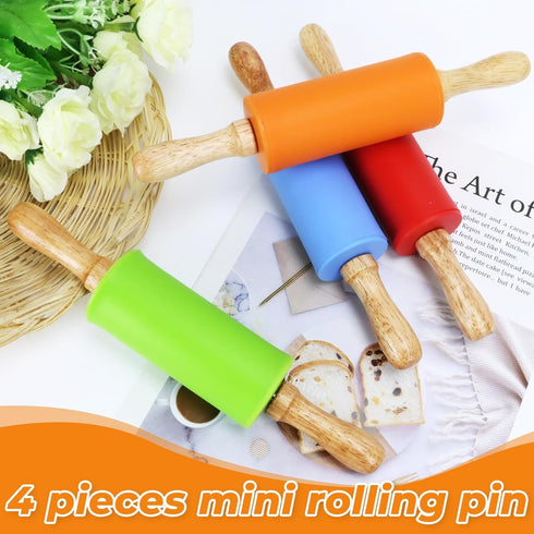 4 Pack Mini Rolling Pin for Kids, 9 Inch Wooden Handle Non-Stick Silicone Rolling Pins for Children Cake Baking