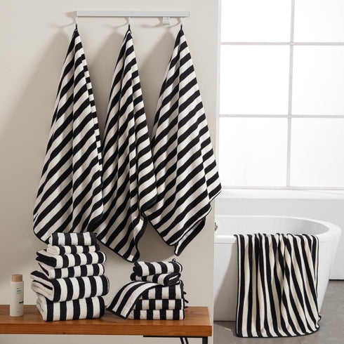 18 Set Loop-6 Towels,6 Towels,6 Set Pcs Black White Stripe Bath Towel with Hanging Bath Hand Washcloths Soft Family