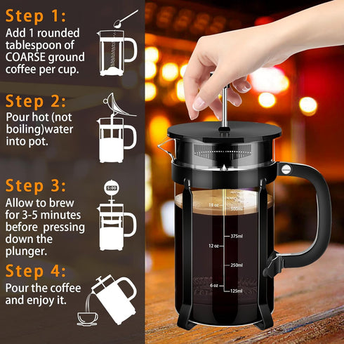 French Press Coffee Maker, 304 Stainless Steel, 4 Filters System, Borosilicate Glass, BPA-Free, Brewed Tea Pot