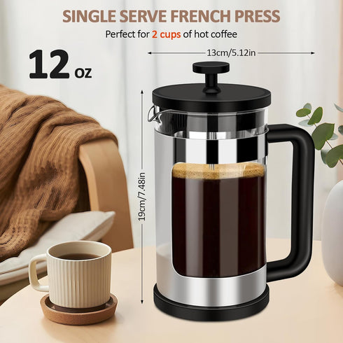 RAINBEAN French Press Coffee Maker, 12 Oz Mini Coffee Press, 1 Cup, with 3 Filterations, Borosilicate Glass