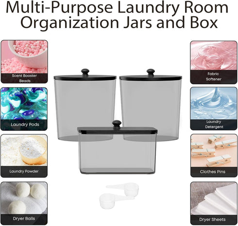 3 Pack COAZEX Laundry Powder Container & Dryer Sheet Holder, Plastic Laundry Room Organization and Storage Jars