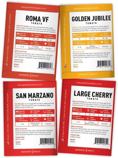 8 Pack, 55 Gardeners Basics, Heirloom Tomatoes for Planting Variety San Marzano, Roma VF, Large Cherry, Ace VF, Yellow
