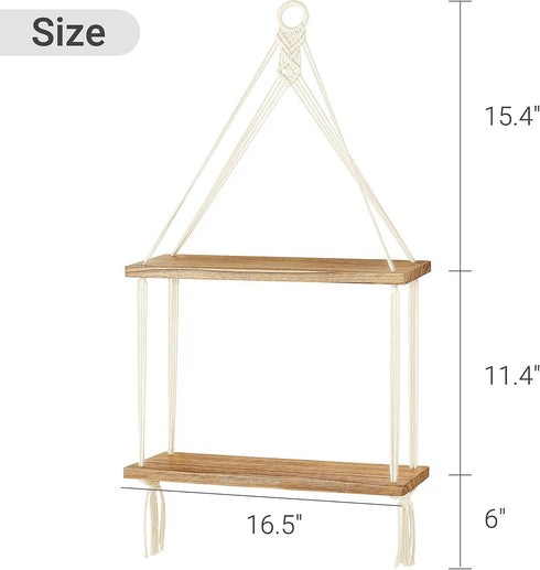 2 Mkono Macrame Hanging Shelf Boho Wall Decor Tier Handmade Cotton Rope Rustic Wood Floating Shelves Display Photos