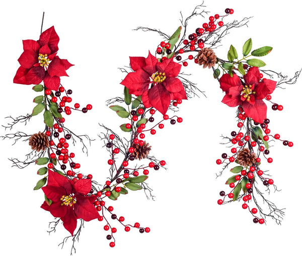 DearHouse 5.3 Ft Artificial Poinsettia Christmas Garland with Red Berries, Holly Leaves, Pine Cone Decor