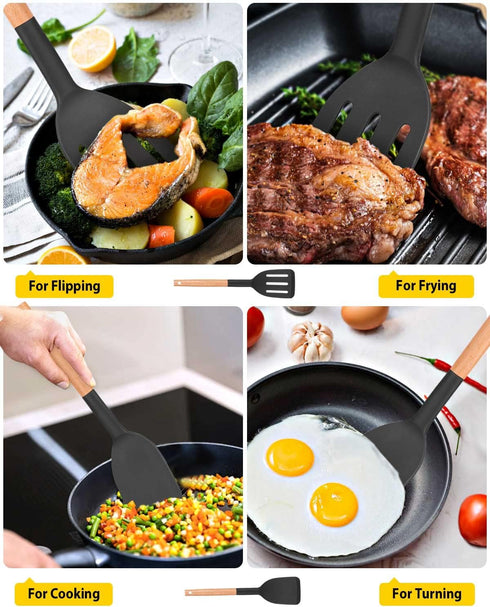 Pack of 2 Silicone Cooking Spatula - Heat Resistant Solid Turner, Non Stick Slotted with Wooden Handle, Ideal Utensils