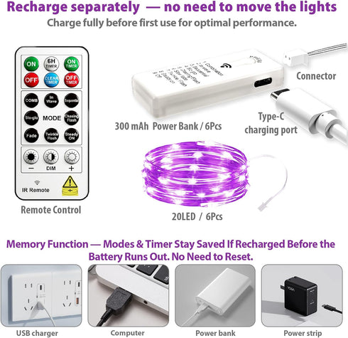 6 Pack 7ft 20LED HXWEIYE Rechargeable Fairy Lights Battery Operated with Remote & DIY Timer, Mini Twinkle String Light