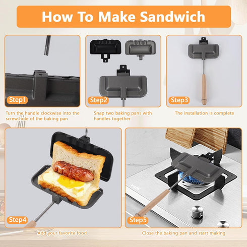 Sandwich Maker Pan, Double-Sided Nonstick Frying Pan, Grilled Cheese Maker for Breakfast, Black and Silver