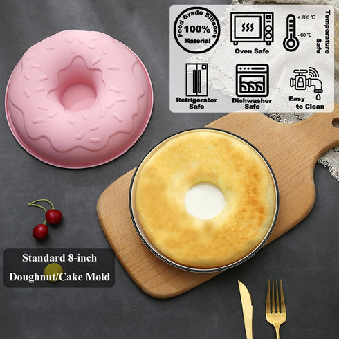 Big Size Silicone Donuts Pan, Non-stick Cake Baking Molds for Bagel and Doughnut (8 Inch Pink)