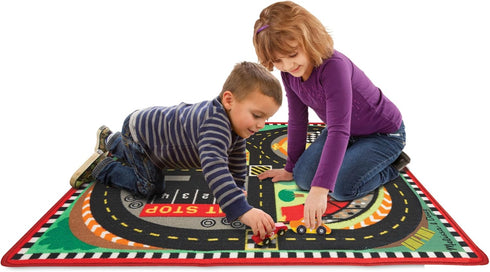 Race Track Play Rug with Wooden Cars for Kids