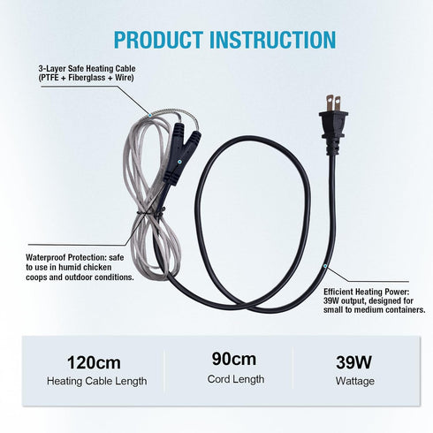 2 Pack, 39W 4FT Chicken Water Heated Cord Chickens Water Heater for Winter, Freeze Proof Chicken Waterer Heater