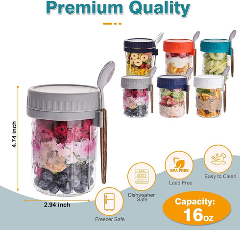 Ayemol 6 Pack 16 OZ Overnight Oats Containers with Lids and Spoons, Glass Oatmeal Container With Measurement Marks