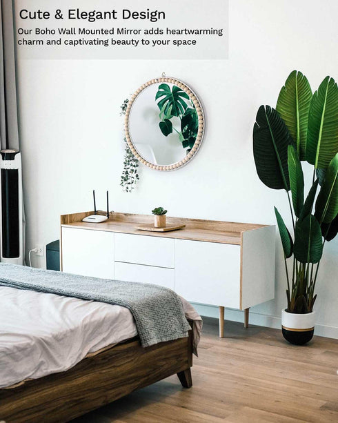 Poeme (17 Inch) Boho Wall Mounted Circle Mirror, Wooden Round Wall Decor for Bathroom Living Room Bedroom, Decorative