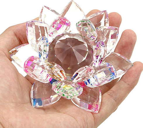 OwnMy Sparkle Crystal Lotus Flower Hue Reflection Feng Shui Home Decor with Gift Box (4 Inch/100MM Rainbow)
