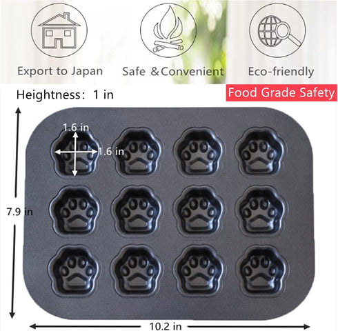 12 Cup Mini Dog Cat Paw Print Shaped Madeleine Baking Pan Nonstick Frozen Puppy Treat Cookie Biscuit Cupcake Muffin Cake Ice Cube Popsicle Chocolate Tin Tray Mold Maker for Freezer Oven