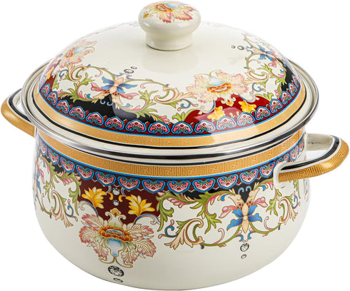 ZENFUN Kitchen Enamel Stockpot with Lid, 3.5 Quart Retro Flower Stew Bean Cooking Pot, Nonstick, Safe for Induction