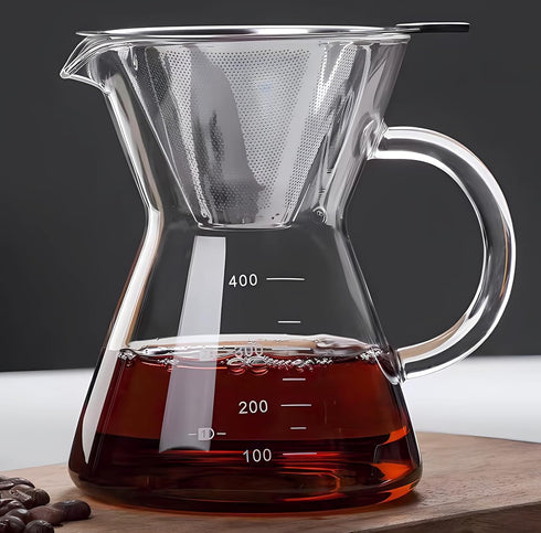 Pour Over Coffee Maker with Reusable Stainless Steel Drip Filter, Lead-Free Borosilicate Glass Carafe (400ml/13.5oz)