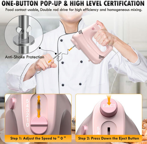 Electric Hand Mixer with Stainless Steel Whisk and Dough Hook - Handheld Mixer for Baking Cakes, PINK