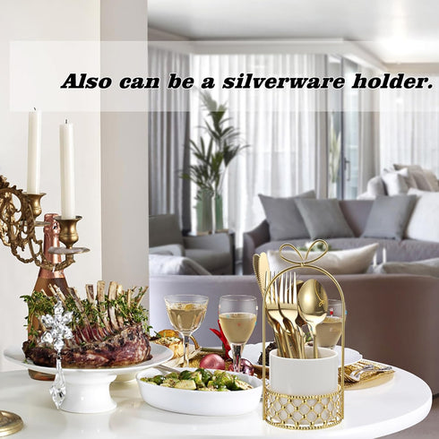ELLDOO Coffee Spoon Set, 8 Stainless Steel Gold Leaf Coffee Spoons with White Ceramic Holder