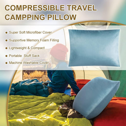 Ivellow Compressible Memory Foam Travel Pillow - Shredded Firm Supportive Camping Pillow for Adults Kids, Blue-M