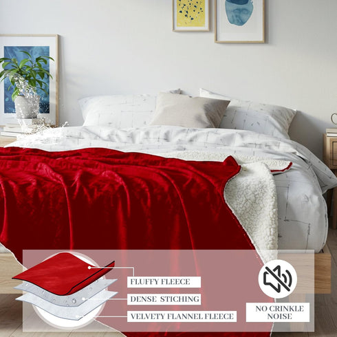 50'' 80'' 3 44oz Tisancy Red Waterproof Bed Blanket, Twin Size x Double Side Leakproof Reversible Sherpa Flannel Fleece