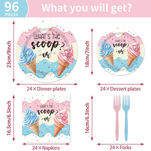 96PCS Set 24 Whats The Scoop Plates and Napkins Party Supplies Whats The Scoop Gender Reveal Decorations Ice Cream