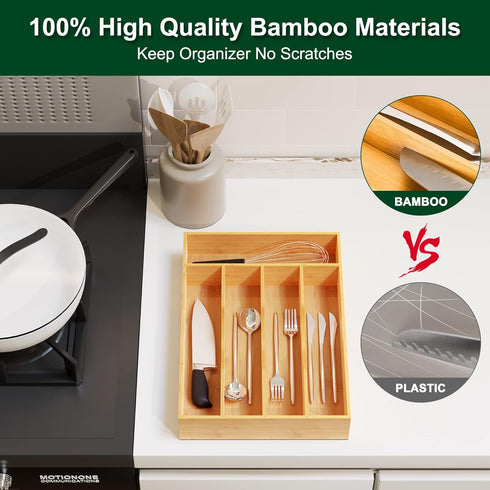 Bellsal 10 Inch Utensil Organizer, Silverware Tray for Drawer, 5 Compartment Bamboo Cutlery Organizer