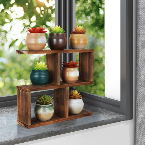 Window Sill Plant Stand: Small Wood Plant Shelf for Succulents, 3 Tier Tabletop Display Rack for Desktop Plants